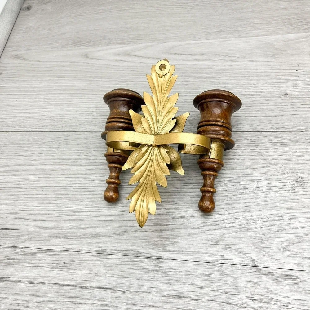 Solid‎ Wood and Brass Wall Sconce Candleholder - Vintage Hollywood Regency Decor